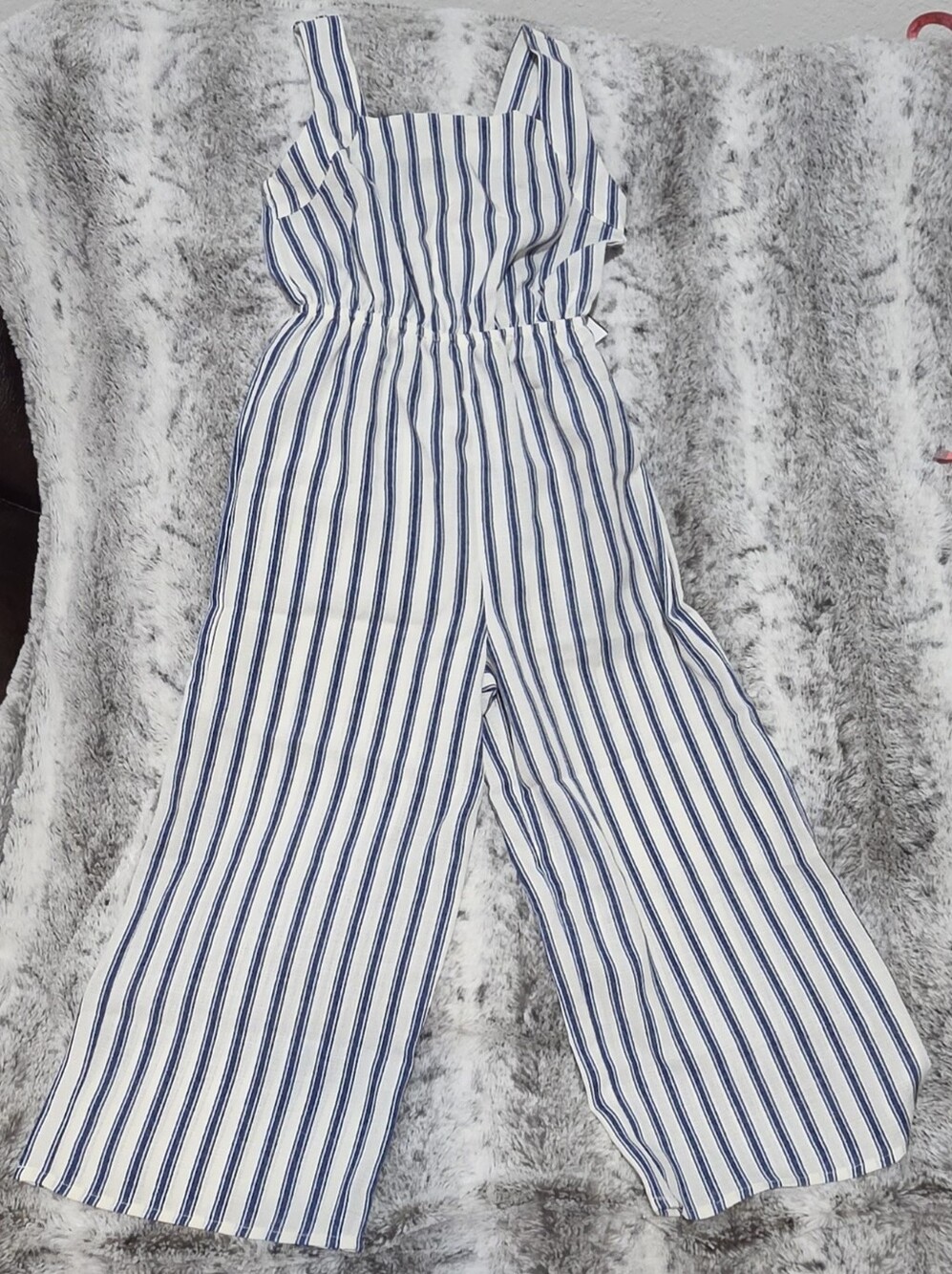 Girl's Striped Wide-Leg Jumpsuit in White and Navy Size 8
